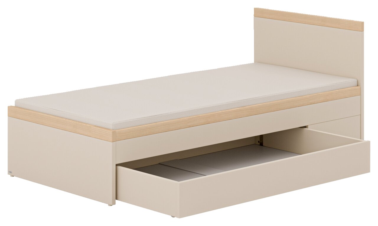 Bettkasten 3/4 in hellem Holzdesign mit geöffneter Schublade, seitliche Perspektive
