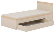 Bettkasten 3/4 in hellem Holzdesign mit geöffneter Schublade, seitliche Perspektive