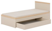 Bettkasten 3/4 in hellem Holzdesign mit geöffneter Schublade, seitliche Perspektive