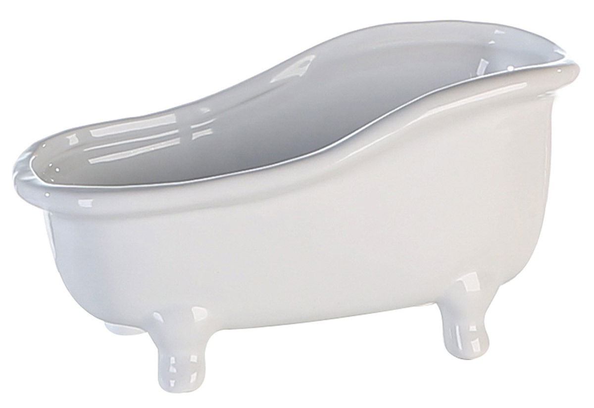 Weiße Keramik-Badewanne in Miniaturgröße, seitliche Perspektive