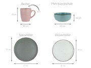 Kombiservice 16-tlg. ModernFas mit Becher, Mehrzweckschale, Speiseteller und Dessertteller in verschiedenen Farben, Ansicht von oben und seitlich.