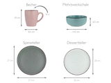 Kombiservice 16-tlg. ModernFas mit Becher, Mehrzweckschale, Speiseteller und Dessertteller in verschiedenen Farben, Ansicht von oben und seitlich.