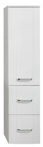 Weißer Midischrank mit drei Schubladen und silbernen Griffen, Frontalansicht