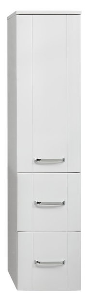 Weißer Midischrank mit drei Schubladen und silbernen Griffen, Frontalansicht