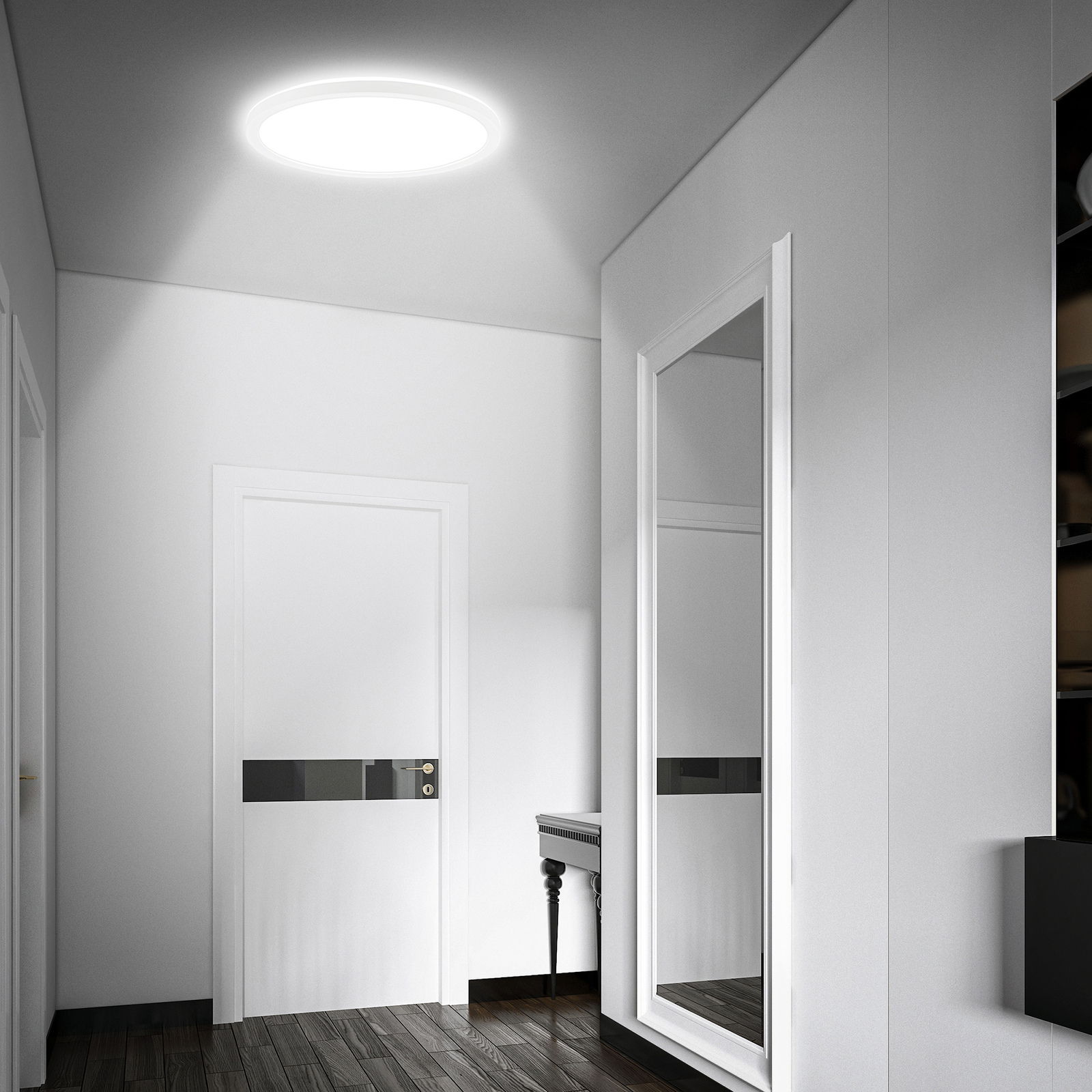 LED-Deckenleuchte mit Bewegungssensor in einem modernen Flur, von unten betrachtet.