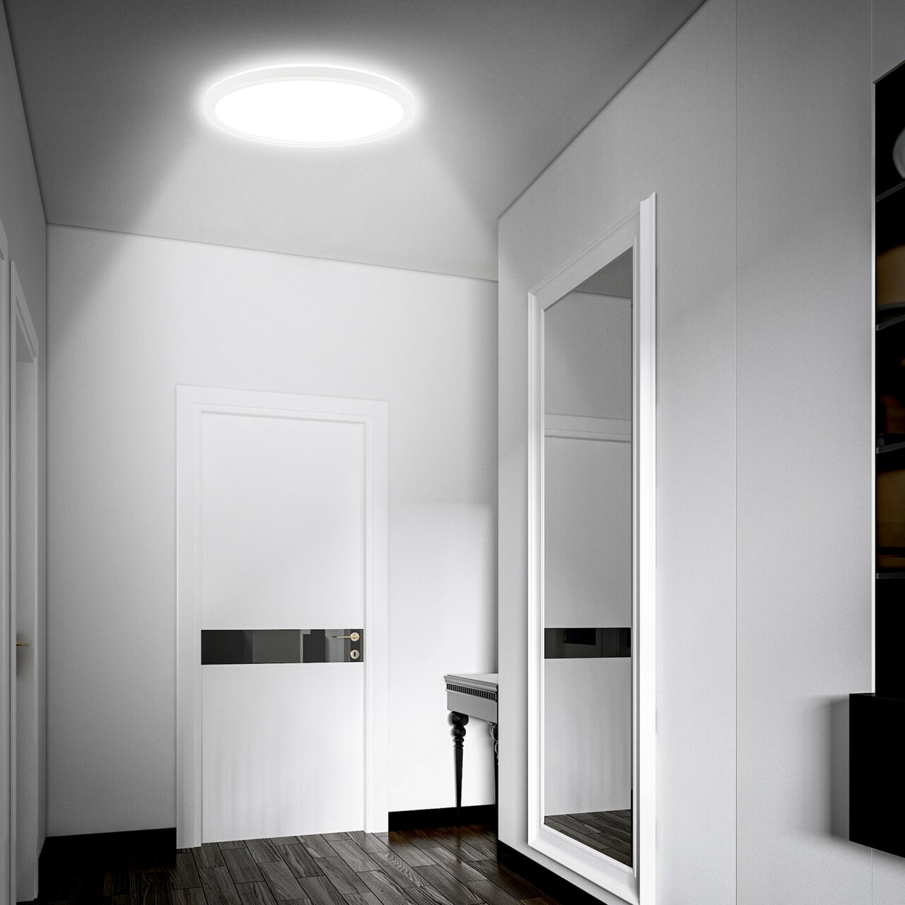 LED-Deckenleuchte mit Bewegungssensor in einem modernen Flur, von unten betrachtet.