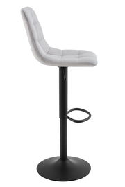 Moderner Barhocker mit grauem, gepolstertem Sitz und schwarzem Metallgestell, seitliche Ansicht