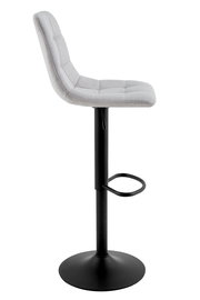 Moderner Barhocker mit grauem, gepolstertem Sitz und schwarzem Metallgestell, seitliche Ansicht