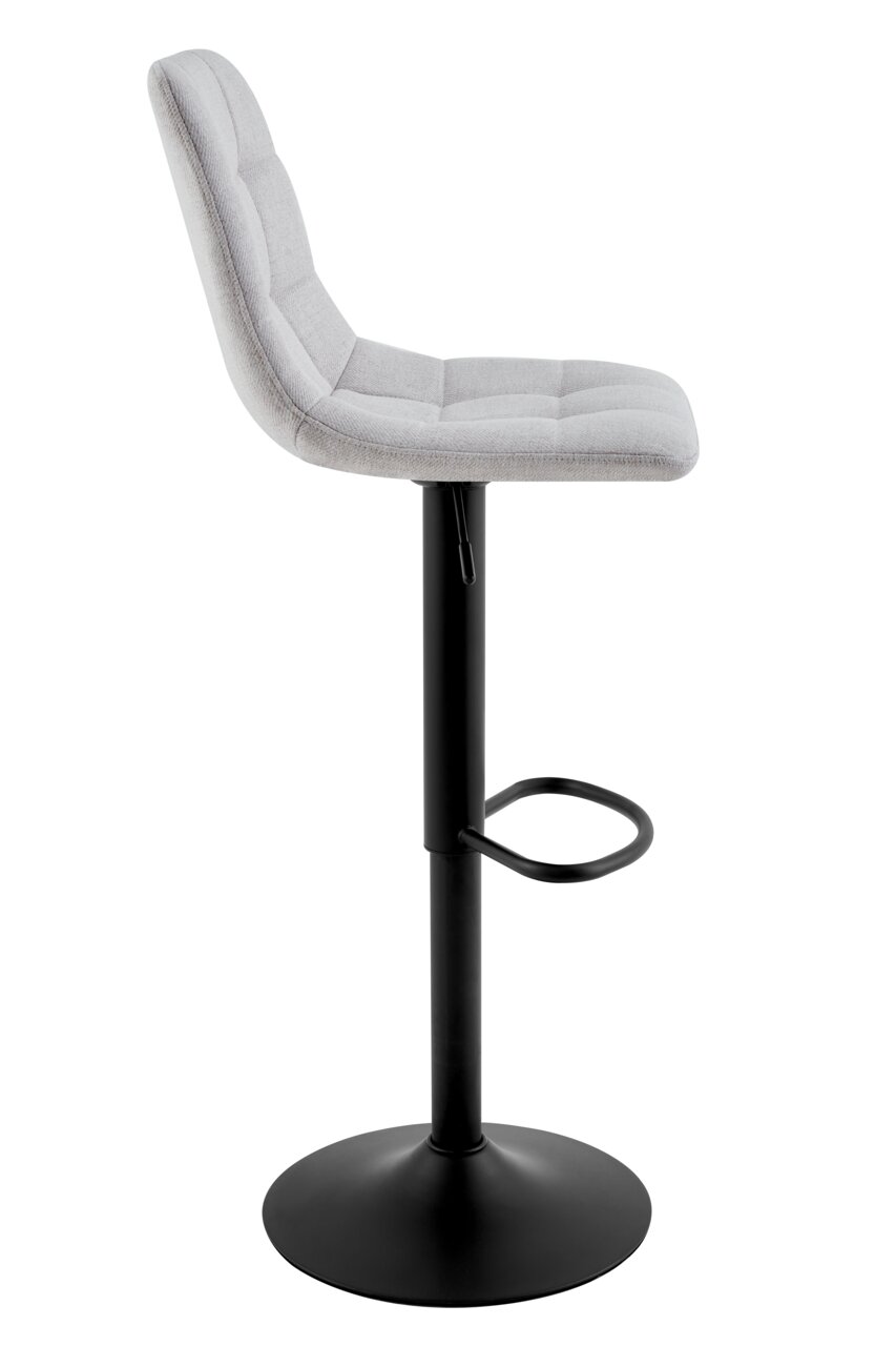 Moderner Barhocker mit grauem, gepolstertem Sitz und schwarzem Metallgestell, seitliche Ansicht
