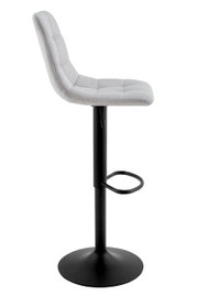Moderner Barhocker mit grauem, gepolstertem Sitz und schwarzem Metallgestell, seitliche Ansicht
