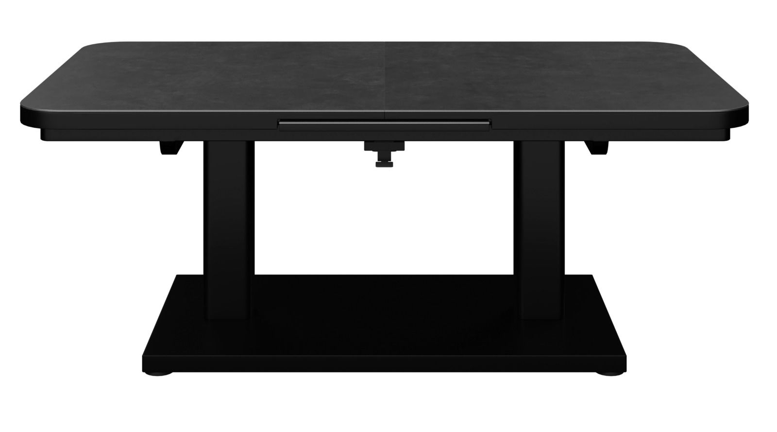 Moderner schwarzer Gartentisch aus Metall, frontal betrachtet