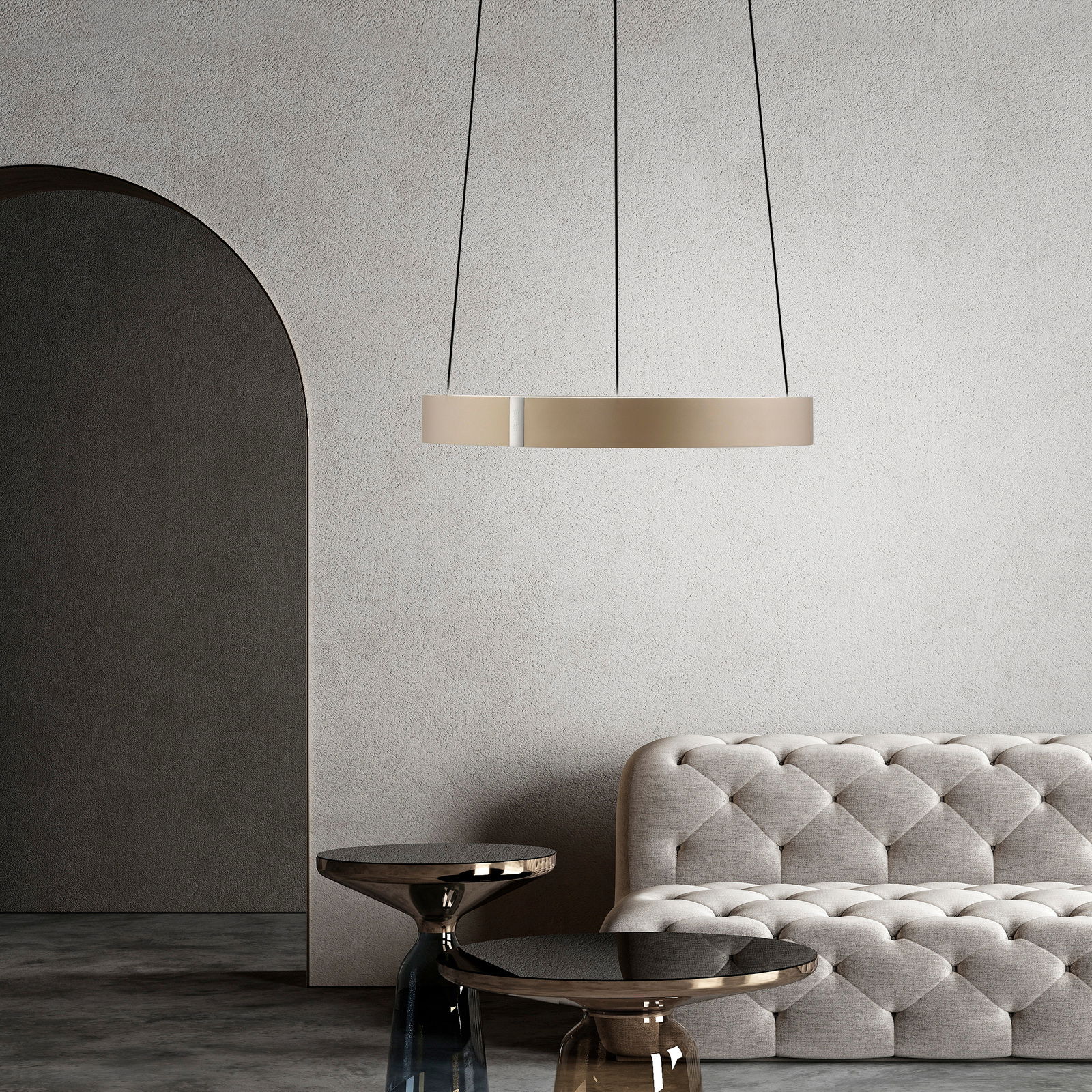 Neuhaus Pure LED-Pendelleuchte PURE E-CLIPSE Moderne LED-Pendelleuchte in einem eleganten Wohnzimmer, seitliche Perspektive