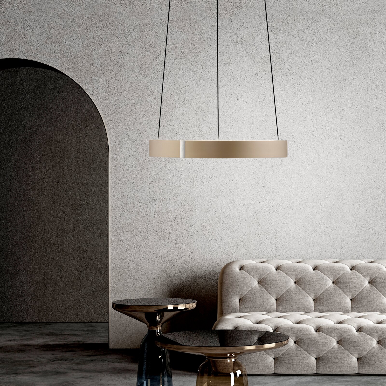 Neuhaus Pure LED-Pendelleuchte PURE E-CLIPSE Moderne LED-Pendelleuchte in einem eleganten Wohnzimmer, seitliche Perspektive