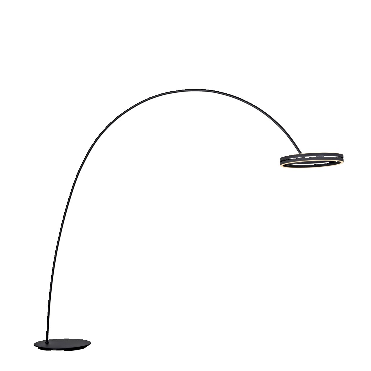 Moderne LED-Bogenleuchte in seitlicher Perspektive mit elegantem, gebogenem Design und rundem Lampenschirm.