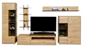 Wandkombination aus Holz mit TV-Schrank, Vitrine und Regalen, frontal betrachtet.