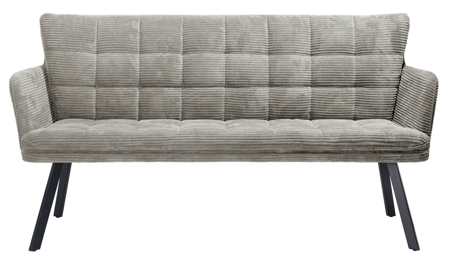 Graue Sitzbank mit gestepptem Stoffbezug und schwarzen Metallbeinen, Frontalansicht