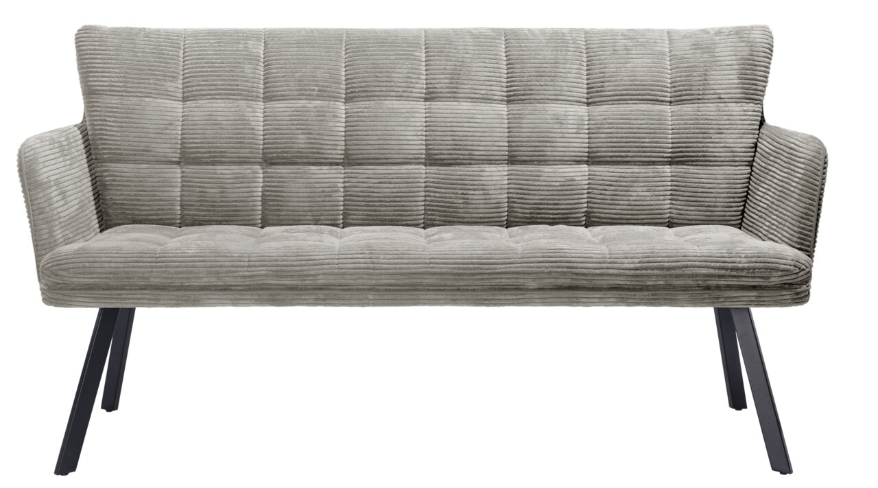 Graue Sitzbank mit gestepptem Stoffbezug und schwarzen Metallbeinen, Frontalansicht