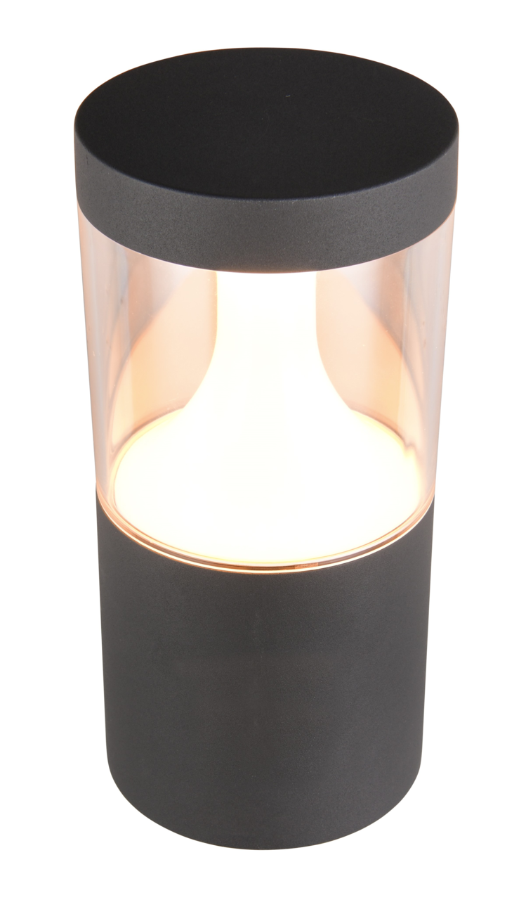 Zylindrische LED-Außenwandleuchte in Schwarz mit transparentem Mittelteil, seitliche Perspektive