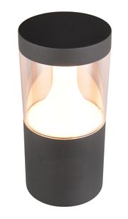 Zylindrische LED-Außenwandleuchte in Schwarz mit transparentem Mittelteil, seitliche Perspektive