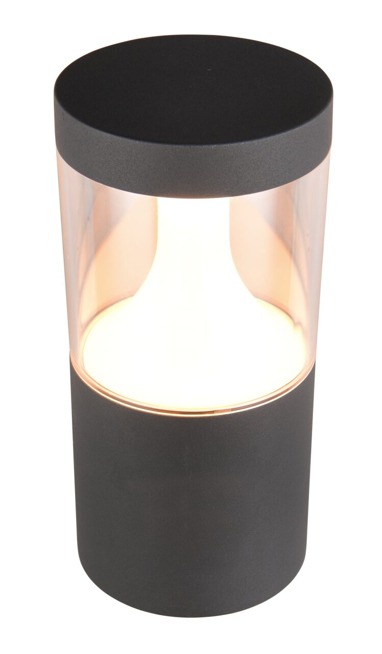 Cilindrische LED-buitenwandlamp in zwart met een transparant middenstuk, zijaanzicht