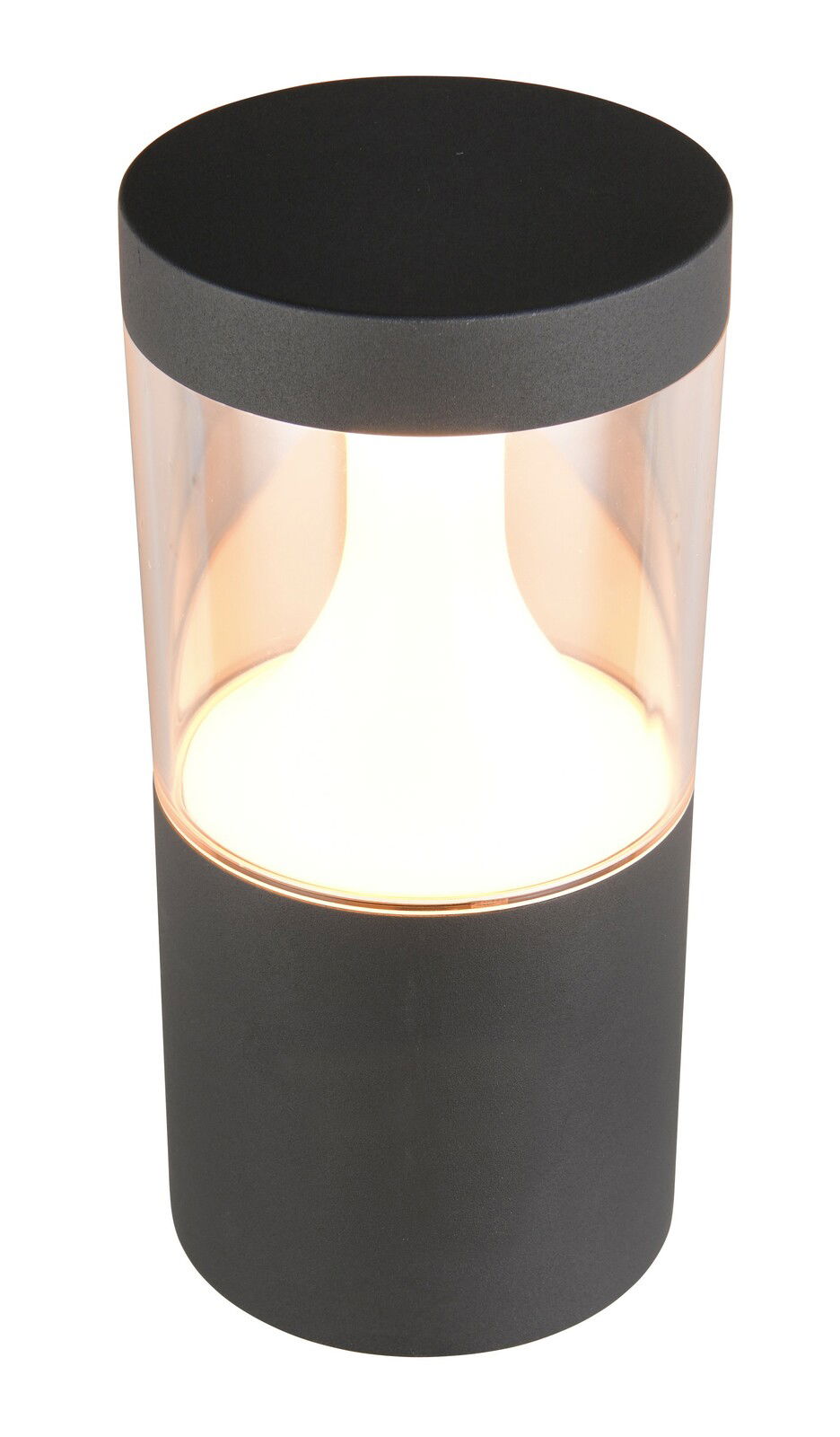 Zylindrische LED-Außenwandleuchte in Schwarz mit transparentem Mittelteil, seitliche Perspektive