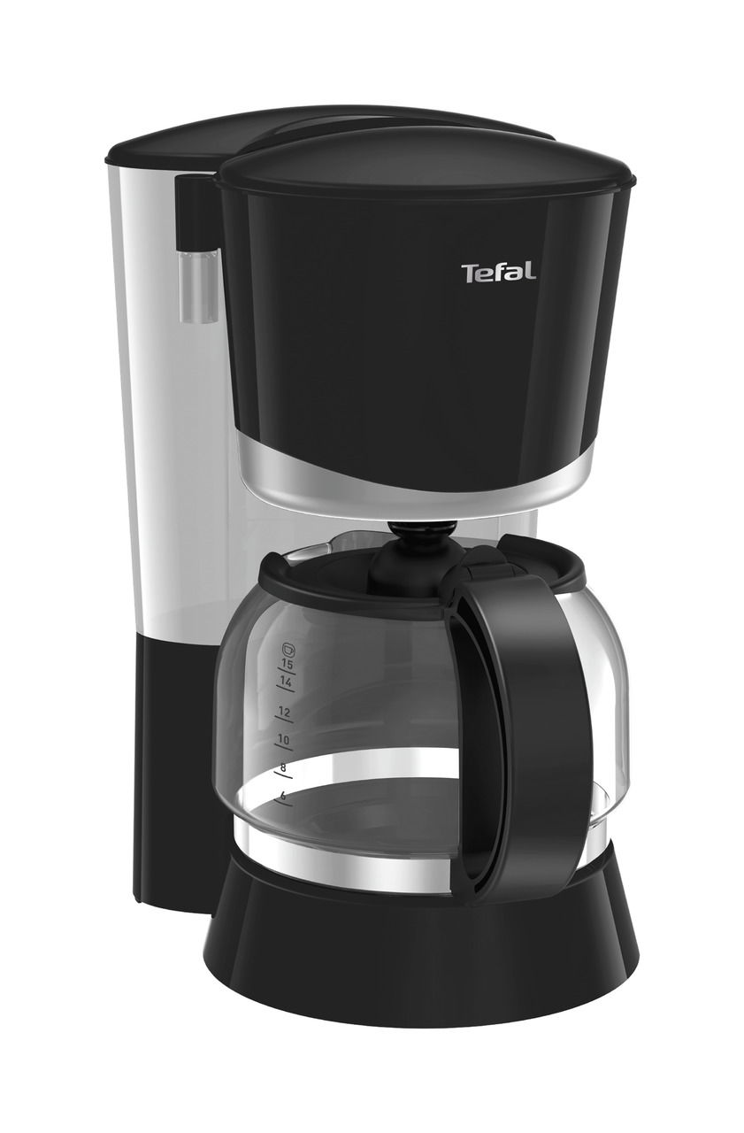 Schwarze Filter-Kaffeemaschine mit Glaskanne, seitliche Perspektive