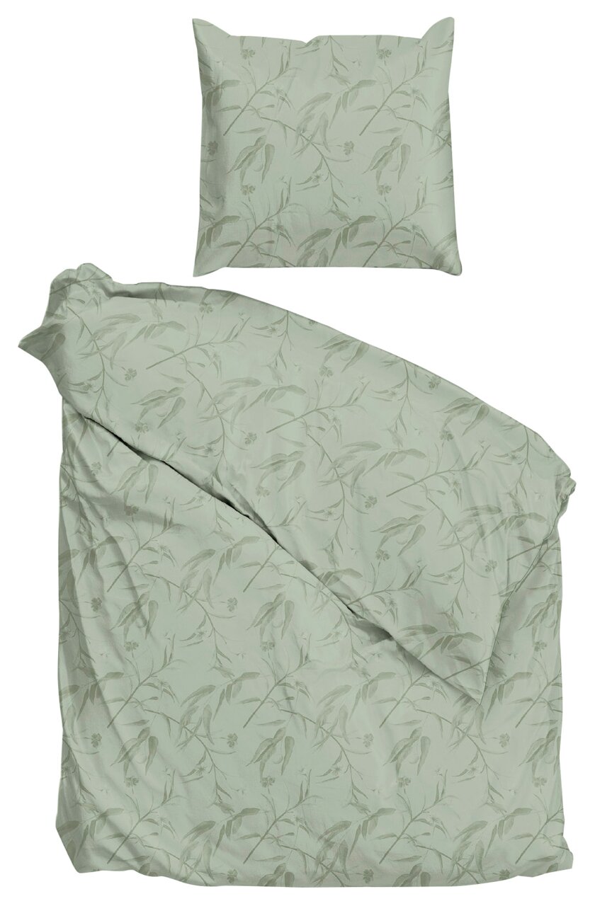 ZO!HOME Bettwäsche FIORI DI SATINADO Bettwäsche-Set in sanftem Grün mit floralem Muster, bestehend aus einem Kissenbezug und einem Bettdeckenbezug, aus der Vogelperspektive fotografiert.