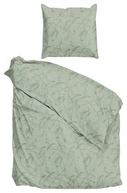 Bettwäsche-Set in sanftem Grün mit floralem Muster, bestehend aus einem Kissenbezug und einem Bettdeckenbezug, aus der Vogelperspektive fotografiert.