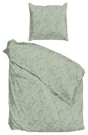 Bettwäsche-Set in sanftem Grün mit floralem Muster, bestehend aus einem Kissenbezug und einem Bettdeckenbezug, aus der Vogelperspektive fotografiert.
