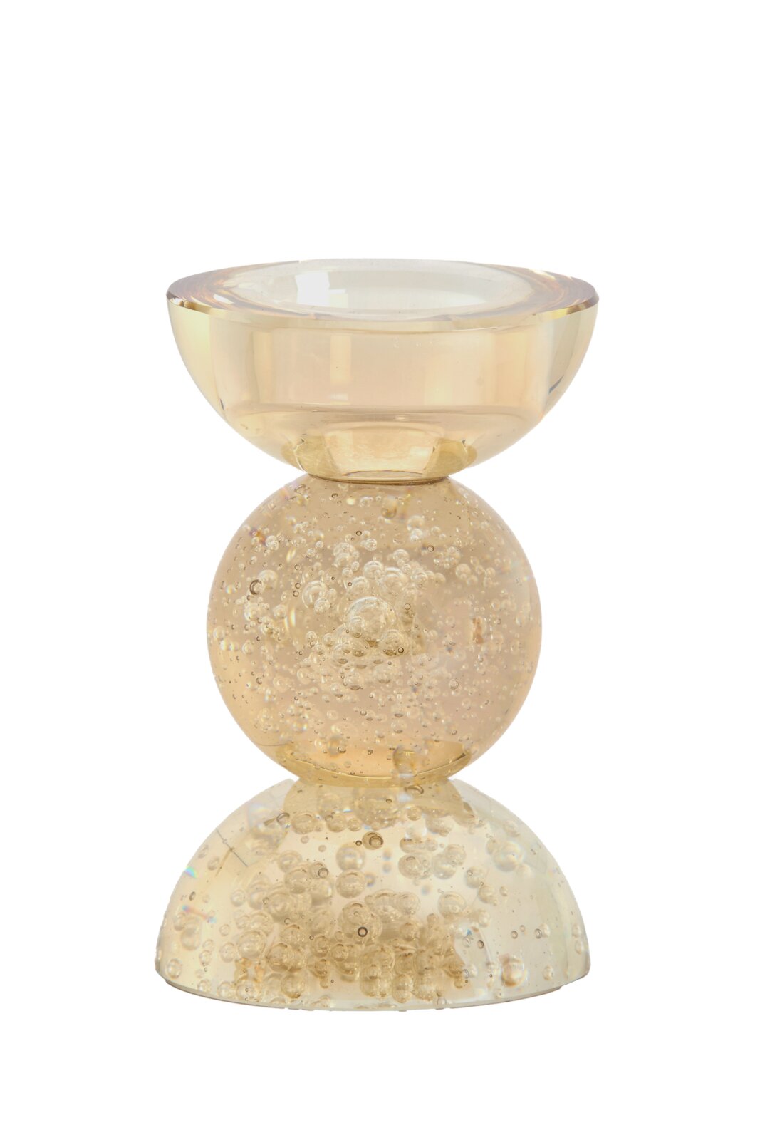 Vooraanzicht van een amberkleurige glazen kandelaar met bolvormig middenstuk, decoratieve luchtbelletjes en een brede, stabiele voet.