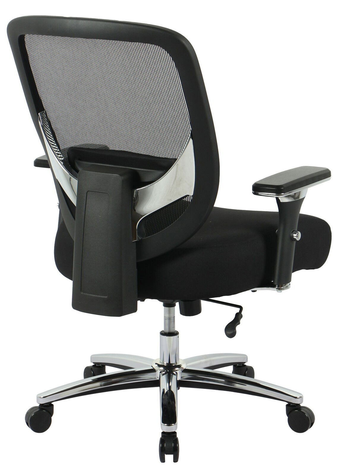 Rückansicht eines Chefsessels mit Netzrückenlehne, verstellbaren Armlehnen und verchromtem Fußkreuz.