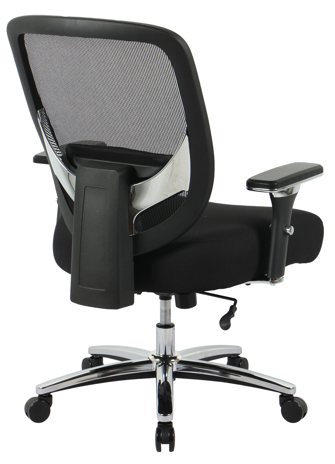 Rückansicht eines Chefsessels mit Netzrückenlehne, verstellbaren Armlehnen und verchromtem Fußkreuz.