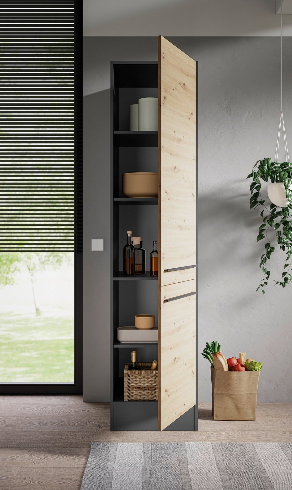 Vorratsschrank mit geöffneter Holztür, gefüllt mit Vorratsdosen und Flaschen, seitliche Perspektive