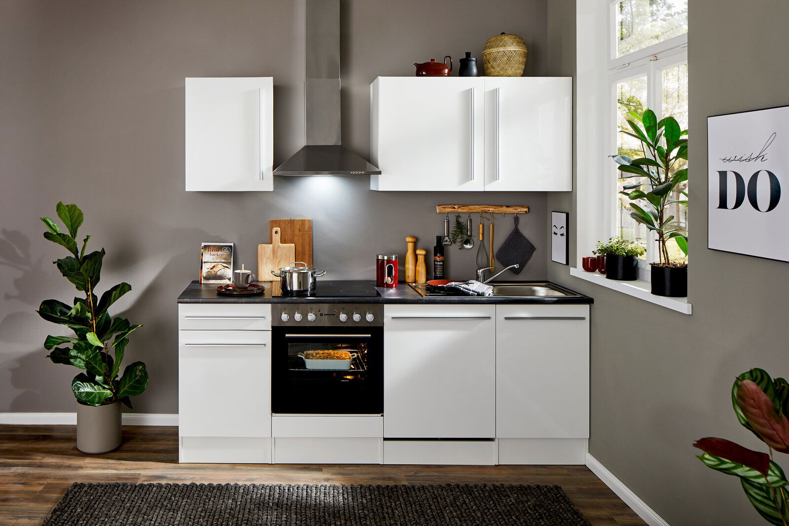 Moderne weiße Küchenzeile mit Herd, Dunstabzugshaube und Spüle, frontal fotografiert, umgeben von Pflanzen und Dekorationen.