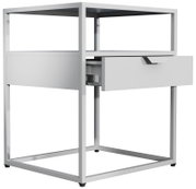 Weißer Nachttisch/Beistelltisch mit Metallrahmen und einer Schublade, Schublade teilweise geöffnet, Ansicht schräg von vorn rechts