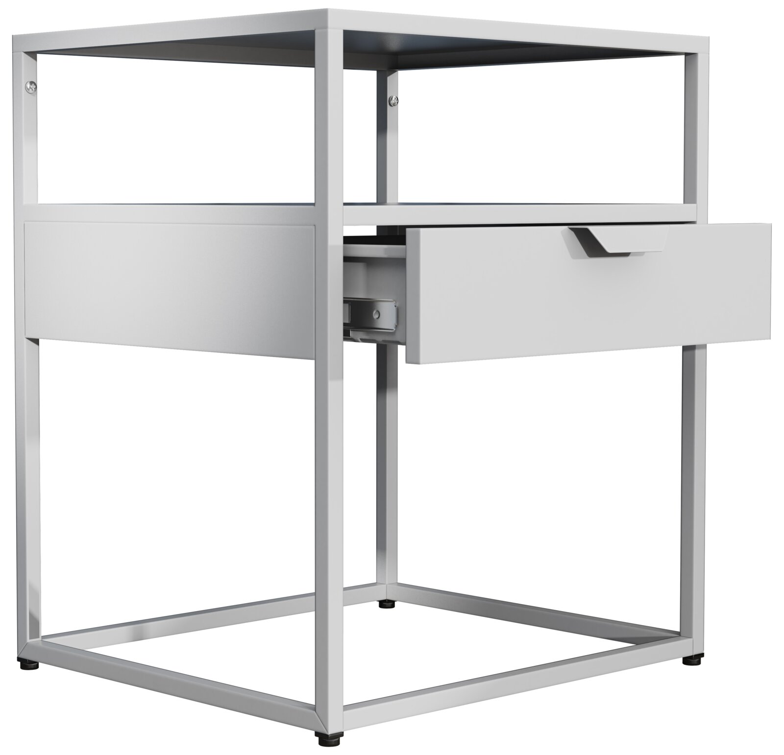 Weißer Nachttisch/Beistelltisch mit Metallrahmen und einer Schublade, Schublade teilweise geöffnet, Ansicht schräg von vorn rechts