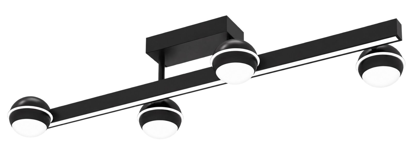 Moderne zwarte LED-plafondlamp met langwerpig frame, geïntegreerde lichtstrip en vier ronde lichtkoppen, schuin van onderen bekeken