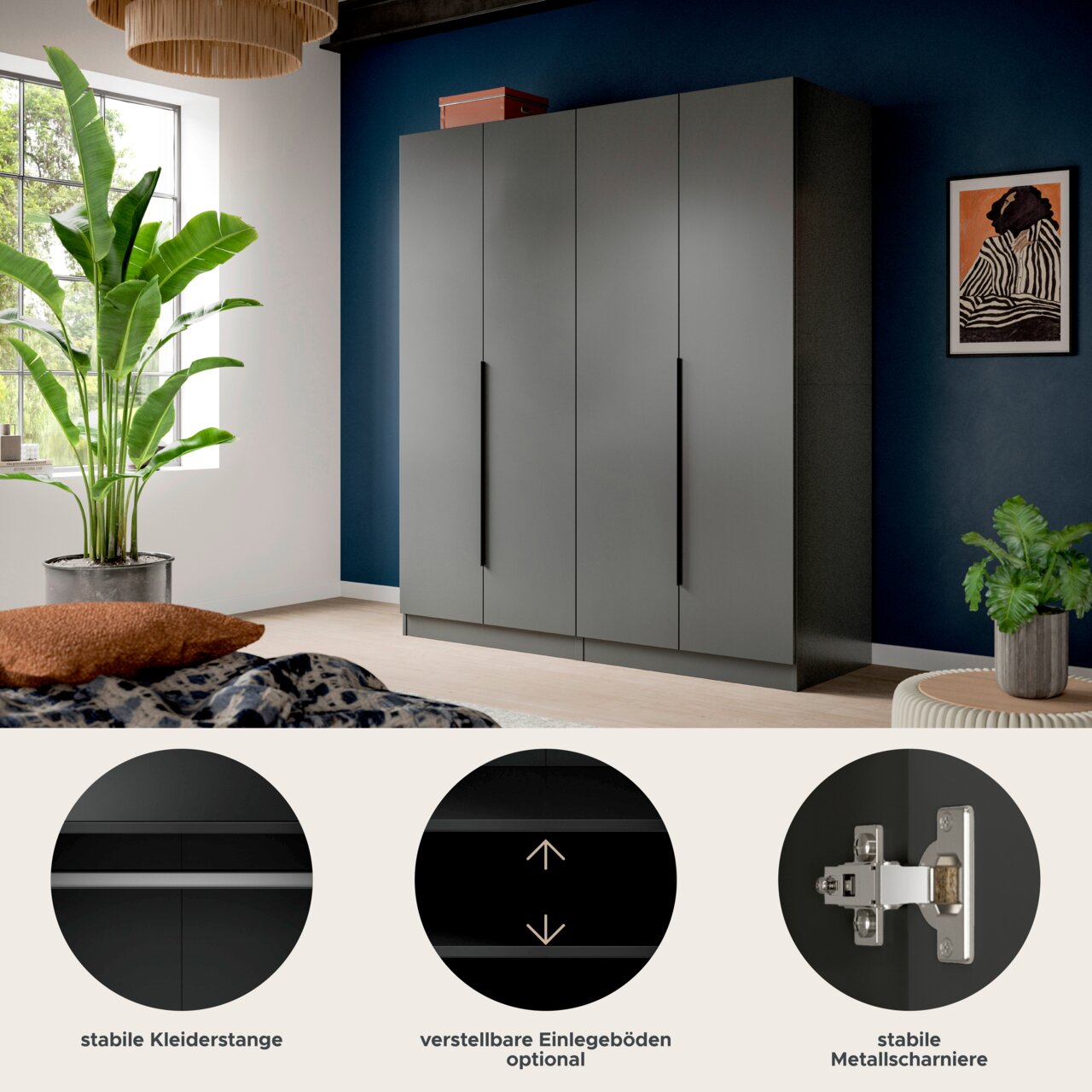Moderner grauer Kleiderschrank mit vier Türen und langen schwarzen Griffen vor dunkelblauer Wand im Schlafzimmer, gezeigt in frontaler Perspektive; unten Detail-Icons für stabile Kleiderstange, optional verstellbare Einlegeböden und stabile Metallscharnie
