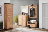 Wohnzimmermöbel-Set aus Holz mit Garderobenschrank, Schuhschrank, Spiegel, Bank und Garderobenpaneel in frontaler Perspektive.