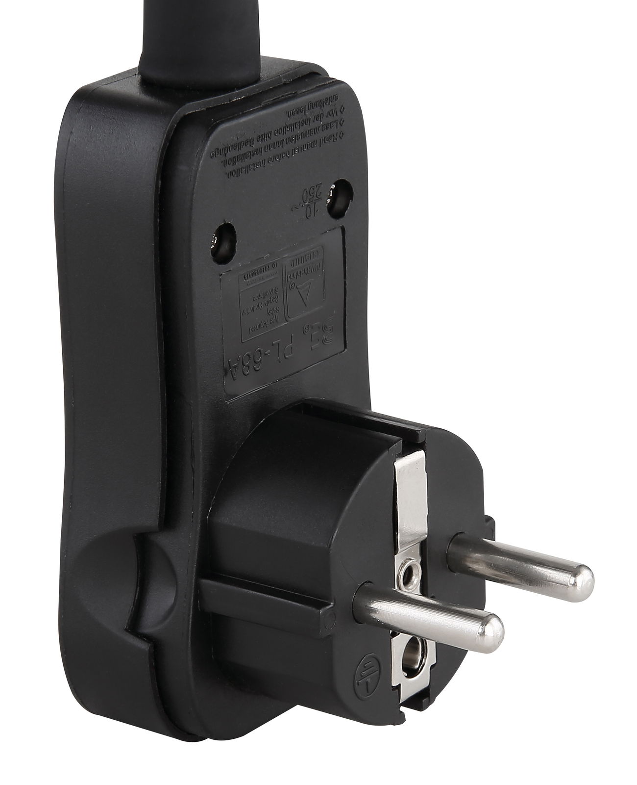 Nahaufnahme eines schwarzen Eurosteckers mit zwei Metallstiften, seitliche Perspektive.