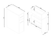 Technische Maßzeichnung eines schmalen Badezimmer-Unterschranks mit zwei Schubladen, in isometrischer Schrägansicht von vorn; Maße ca. 610 mm hoch, 450 mm breit und 202 mm tief, zusätzlich Detailansicht des Innenaufbaus.