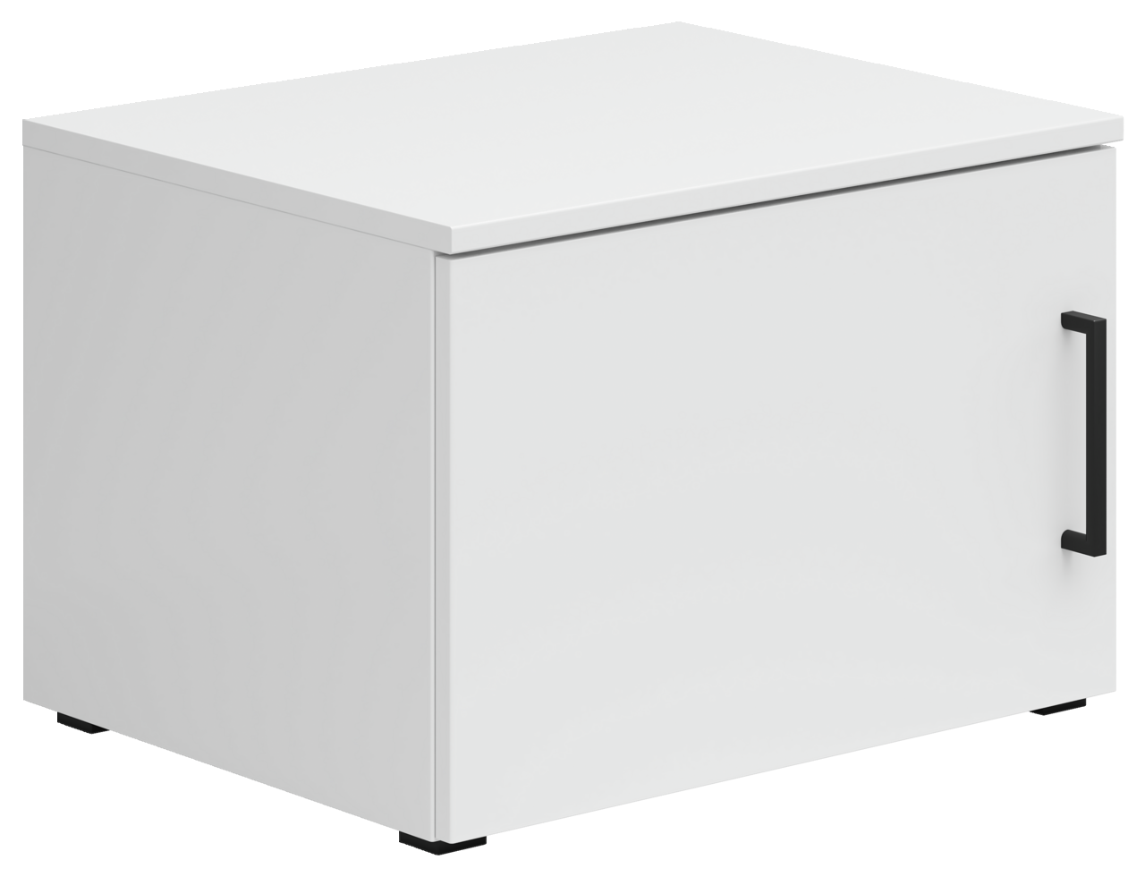 Weißer Aufsatzschrank mit schwarzem Griff, perspektivisch von vorne rechts gesehen