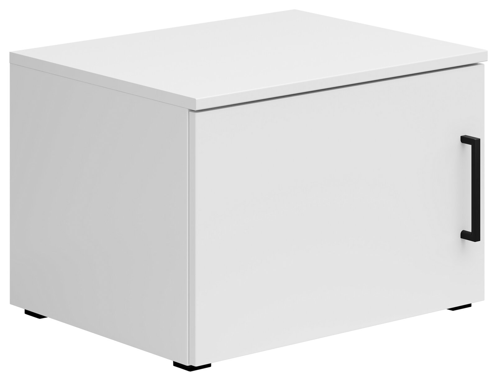 Weißer Aufsatzschrank mit schwarzem Griff, perspektivisch von vorne rechts gesehen