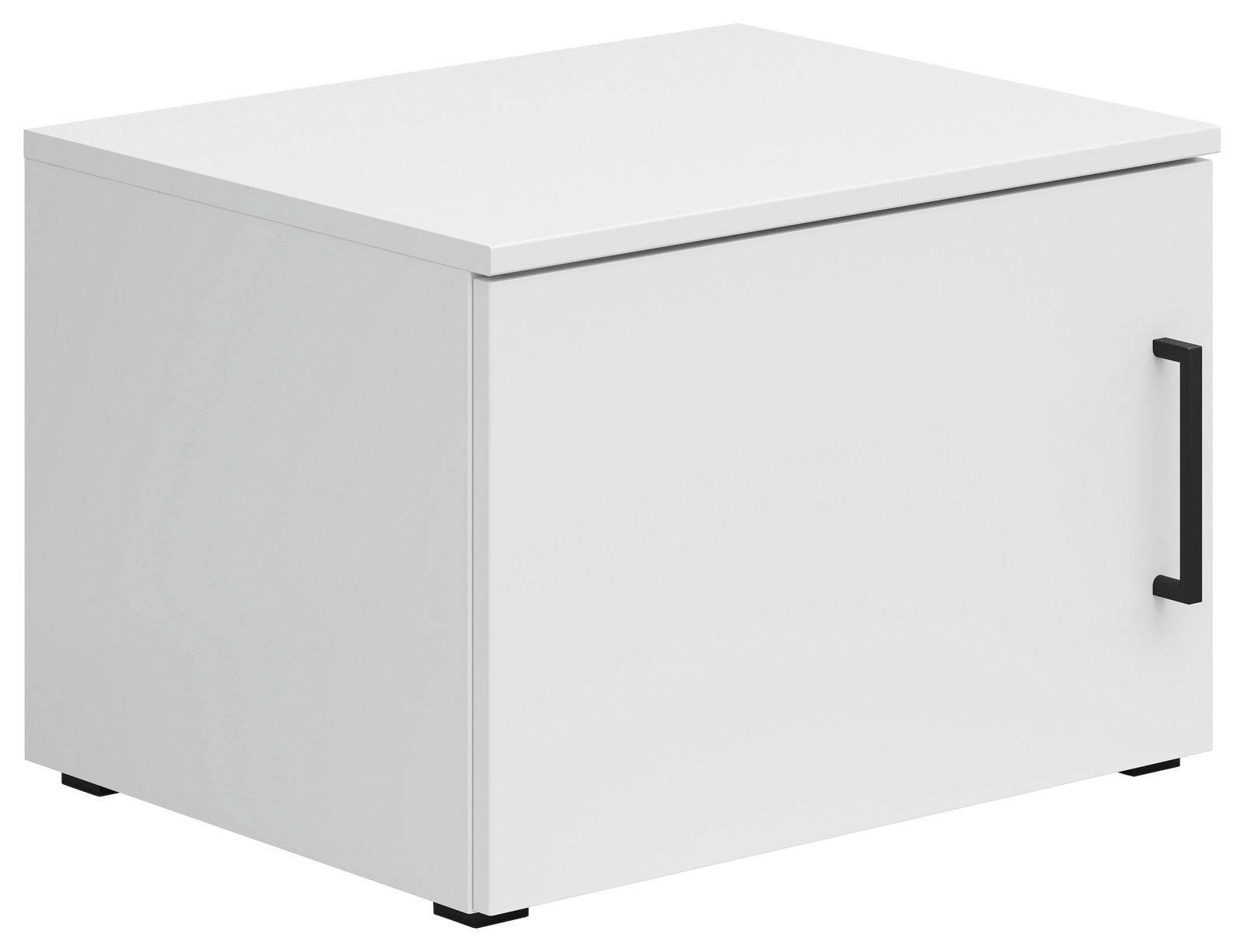 Weißer Aufsatzschrank mit schwarzem Griff, perspektivisch von vorne rechts gesehen