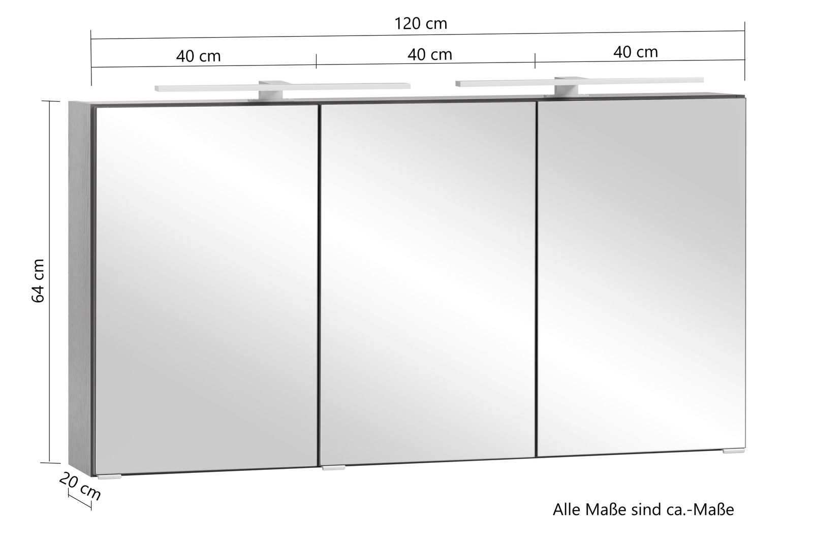 Spiegelschrank mit drei Türen, Gesamtbreite 120 cm, Höhe 64 cm, Tiefe 20 cm, Frontansicht