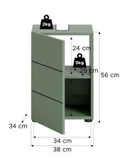 Grüner Badezimmer-Unterschrank mit offener Tür und Aussparung für Siphon, Maße ca. 56 cm hoch, 38 cm breit und 34 cm tief, Innenfach 29 cm tief; Frontansicht leicht schräg von vorne links mit Maßangaben und Belastungssymbolen