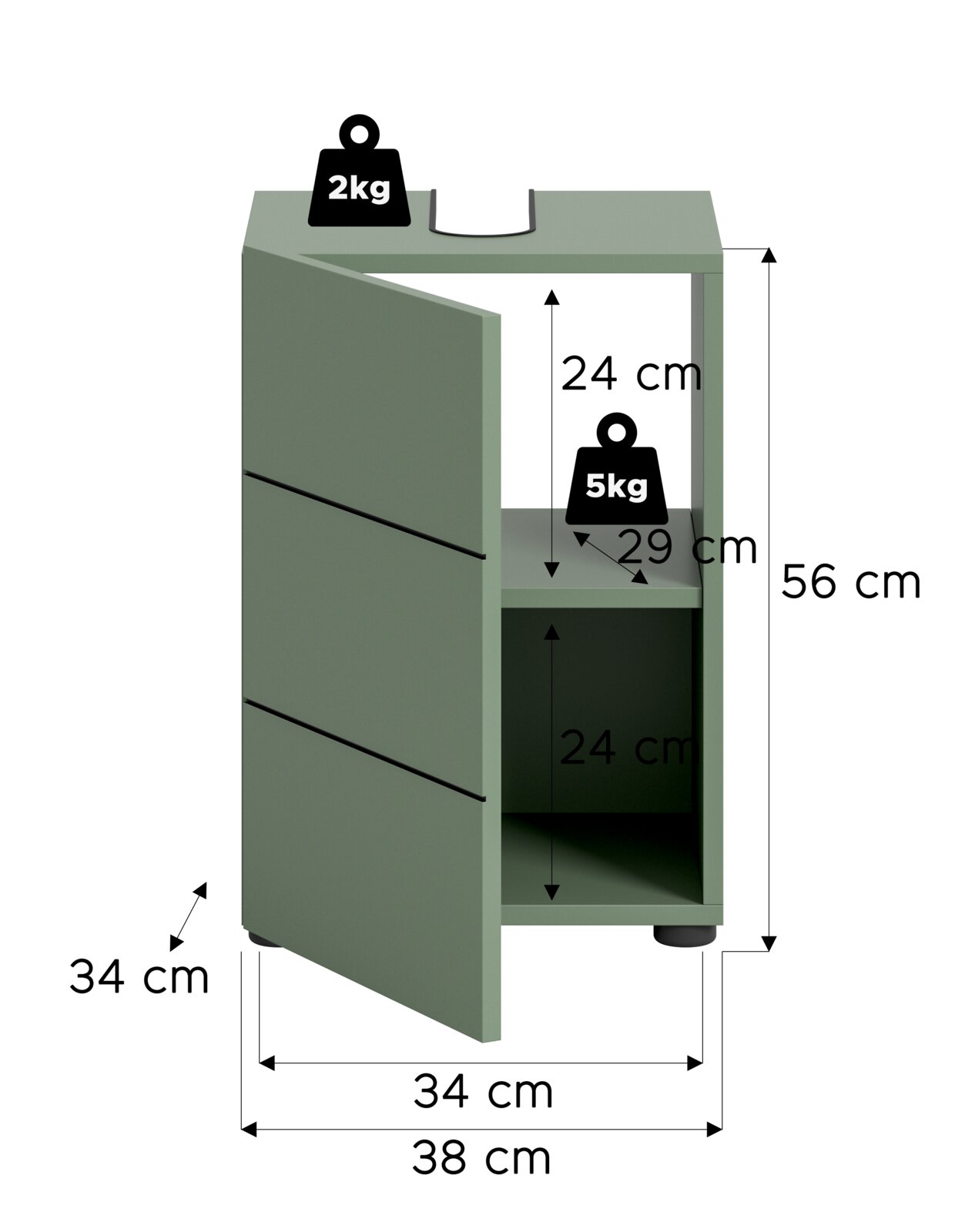 Grüner Badezimmer-Unterschrank mit offener Tür und Aussparung für Siphon, Maße ca. 56 cm hoch, 38 cm breit und 34 cm tief, Innenfach 29 cm tief; Frontansicht leicht schräg von vorne links mit Maßangaben und Belastungssymbolen