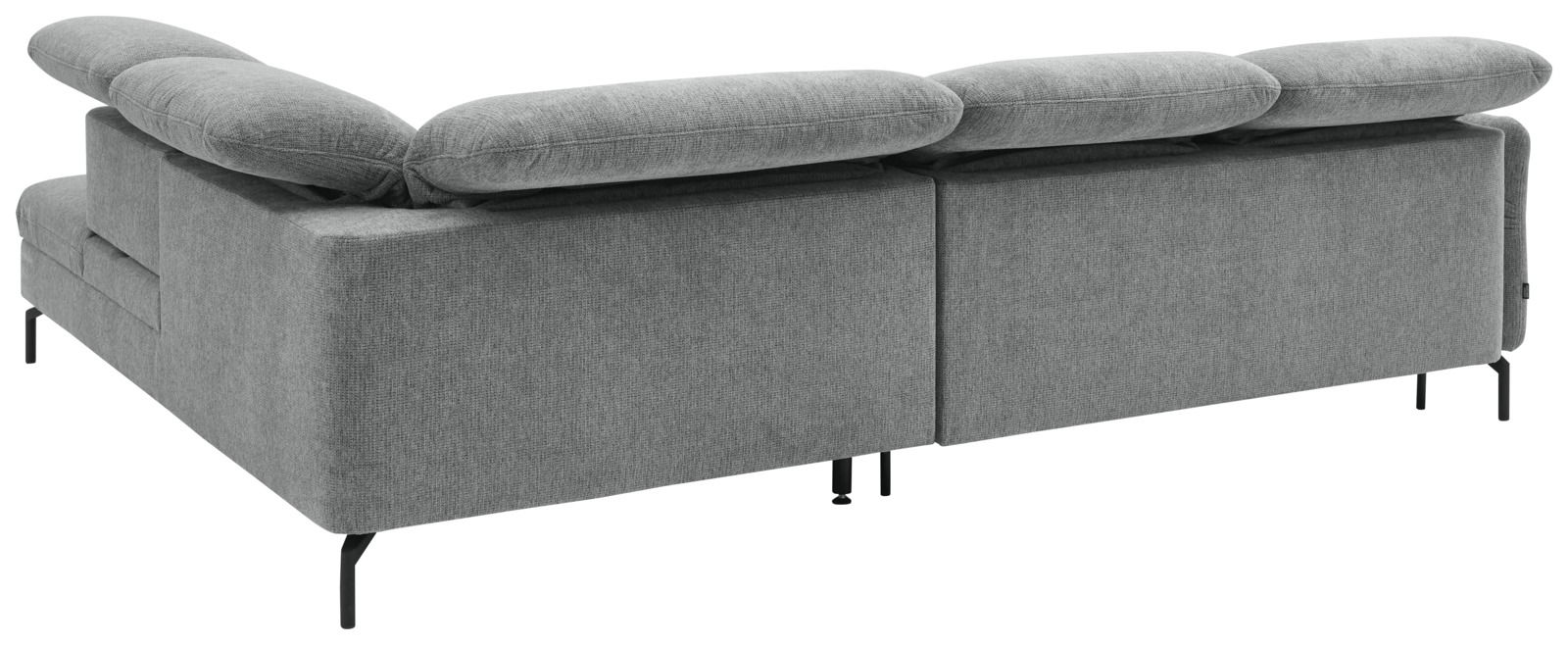 Rückansicht einer grauen Polsterrundecke mit verstellbaren Kopfstützen und schwarzen Metallfüßen.
