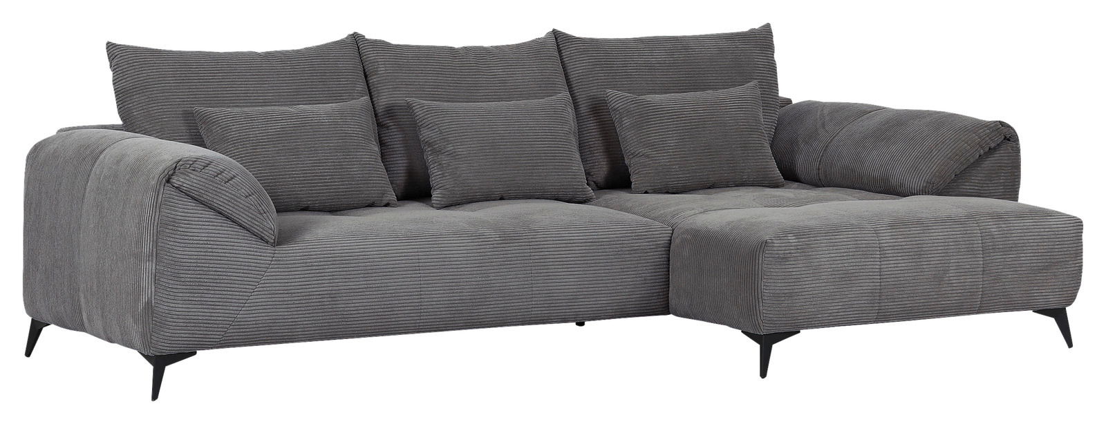Graues Ecksofa mit Ottomane rechts, aus gestreiftem Stoff, mit mehreren Kissen, seitliche Perspektive