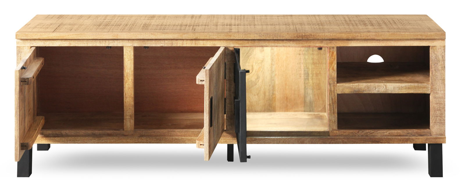 Frontansicht eines Lowboards aus Holz mit offenen Türen und Regalfächern.